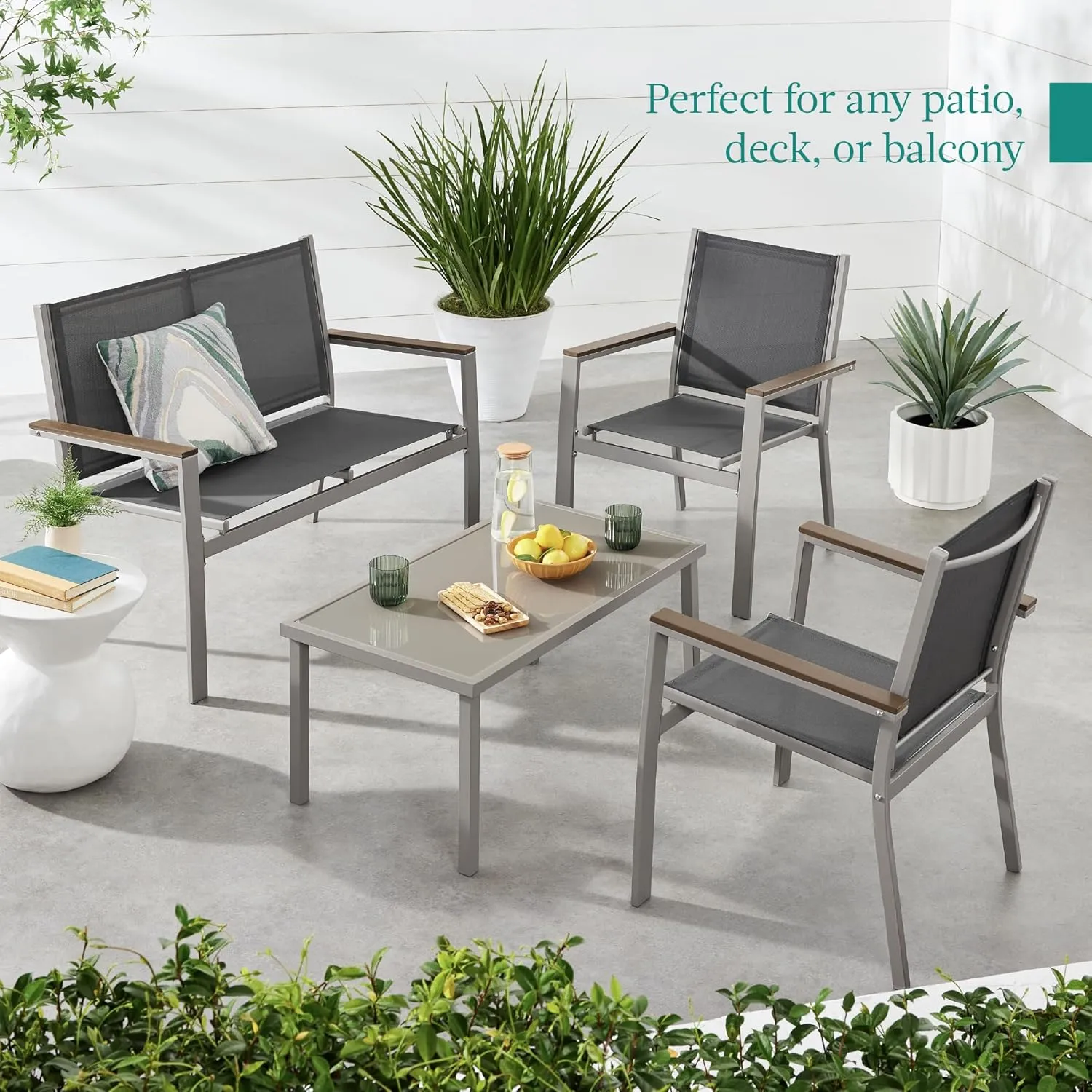 Best Choice Products 4-Piece Outdoor Textilene Patio Conversation Set, Backyard Furniture w/Loveseat, Coffee Table, Steel Frame - Taupe/Charcoal