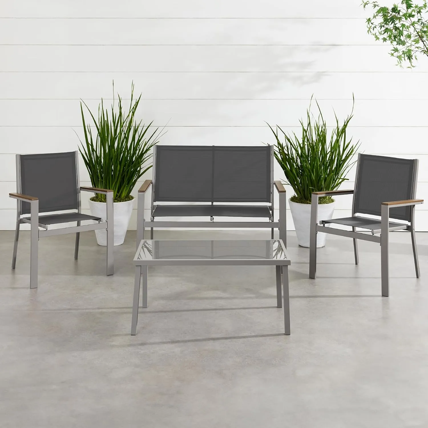 Best Choice Products 4-Piece Outdoor Textilene Patio Conversation Set, Backyard Furniture w/Loveseat, Coffee Table, Steel Frame - Taupe/Charcoal