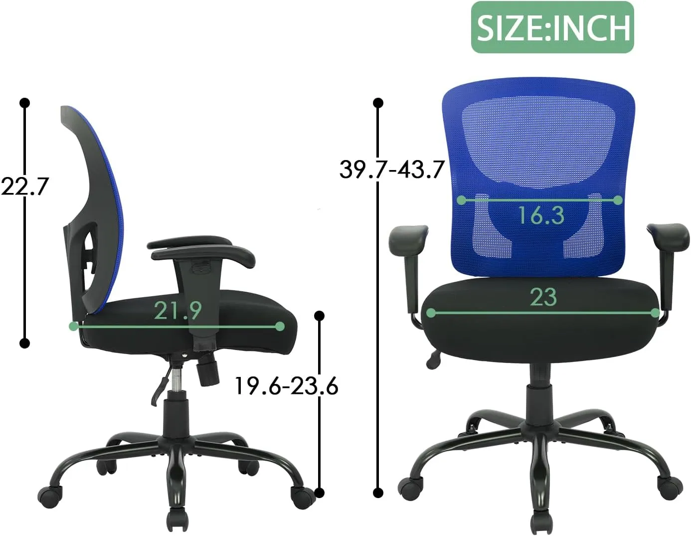 BestOffice Big and Tall Office Chair 400lbs Desk Chair Mesh Computer Chair with Lumbar Support Wide Seat Adjust Arms Rolling Swivel High Back Task Executive Ergonomic Chair for Home Office (Blue)