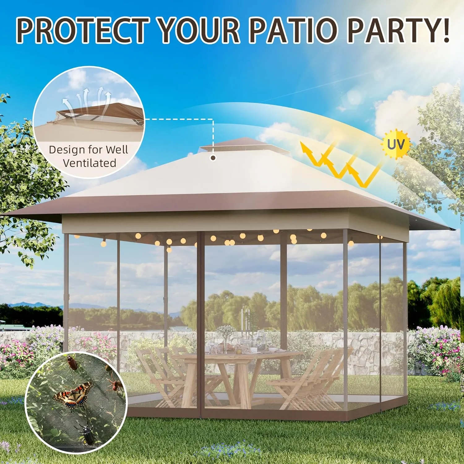Bezeseller 13x13 Pop Up Gazebo Tent with Mosquito Netting – Quick Set Up, Water-Resistant Outdoor Canopy for Patio, Garden, Backyard, and More