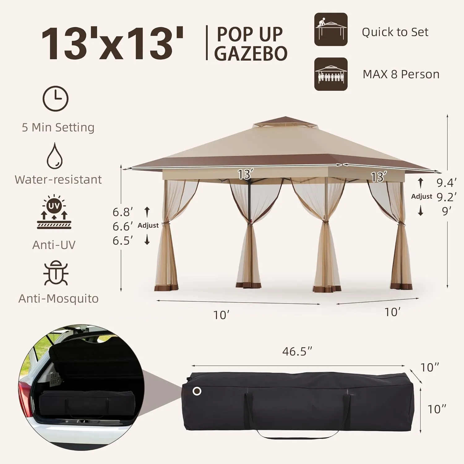 Bezeseller 13x13 Pop Up Gazebo Tent with Mosquito Netting – Quick Set Up, Water-Resistant Outdoor Canopy for Patio, Garden, Backyard, and More