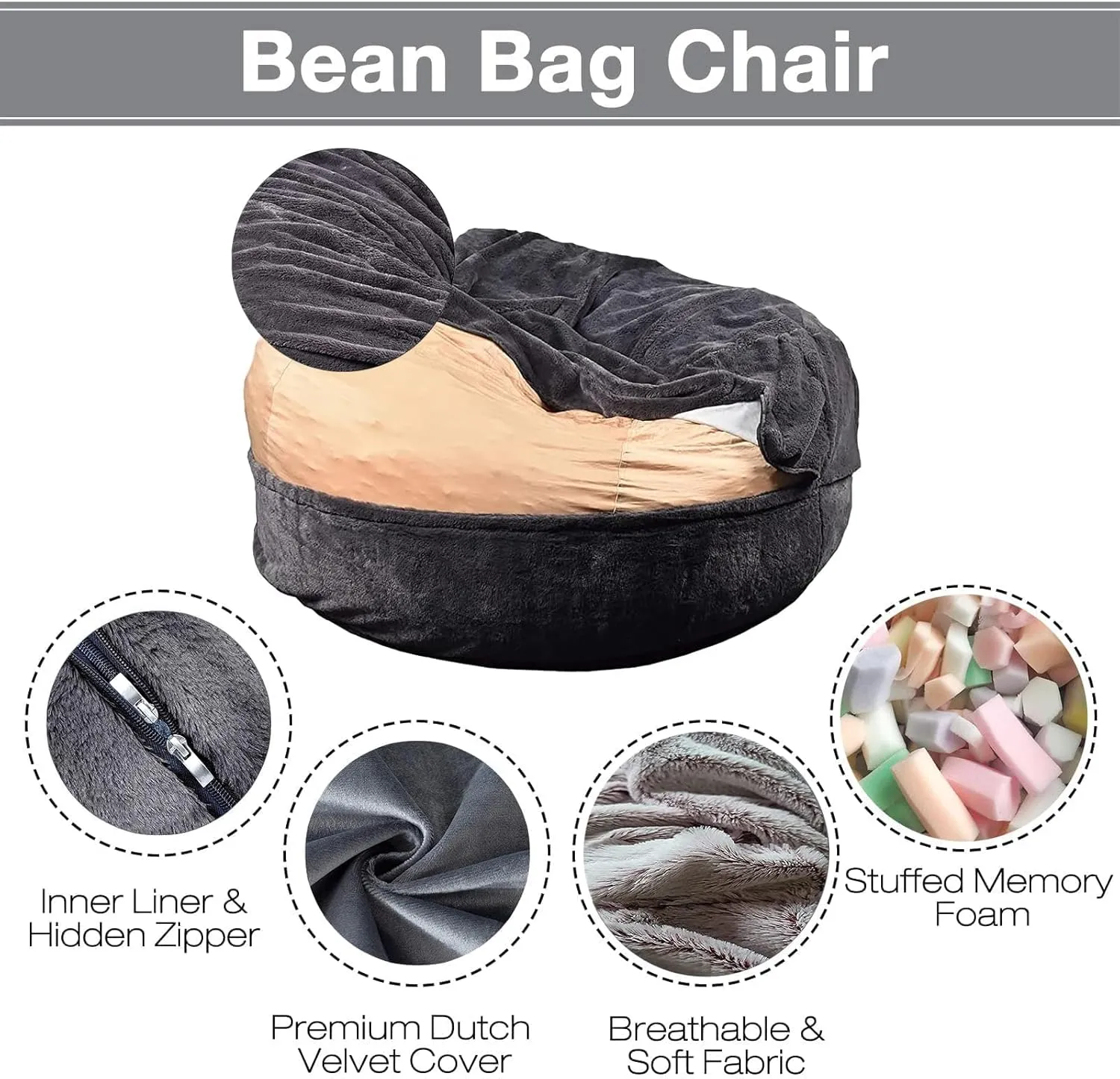 Big Huge Giant Bean Bag Chair Cover for Adults, (No Filler) Machine Washable Covers Bean Bag Chairs in Multiple Sizes and Colors Giant Foam-Filled Furniture Filled Furniture (Wine Red, 5FT)