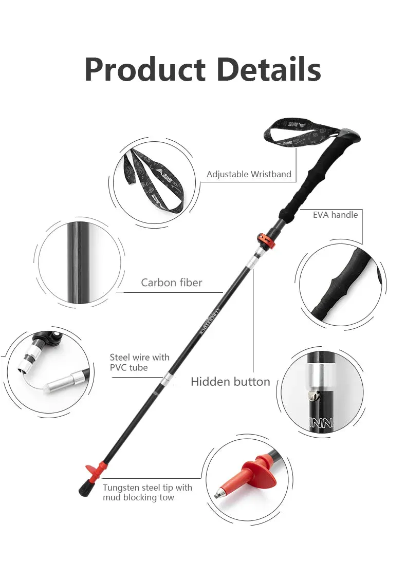 BISINNA 1pcs/2pcs Folding Trekking Poles Carbon Fiber Collapsible Telescopic Sticks Lightweight Walking Stick Hiking Climbing