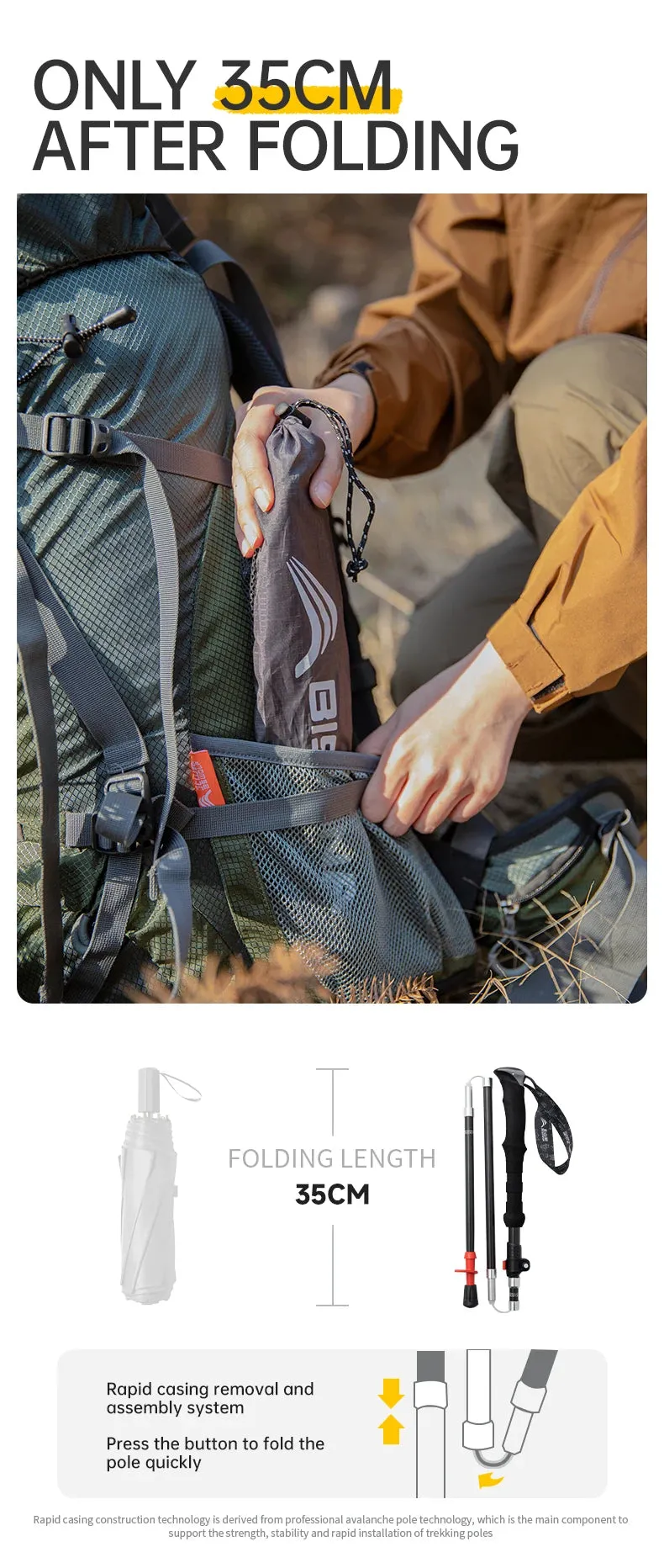 BISINNA 1pcs/2pcs Folding Trekking Poles Carbon Fiber Collapsible Telescopic Sticks Lightweight Walking Stick Hiking Climbing