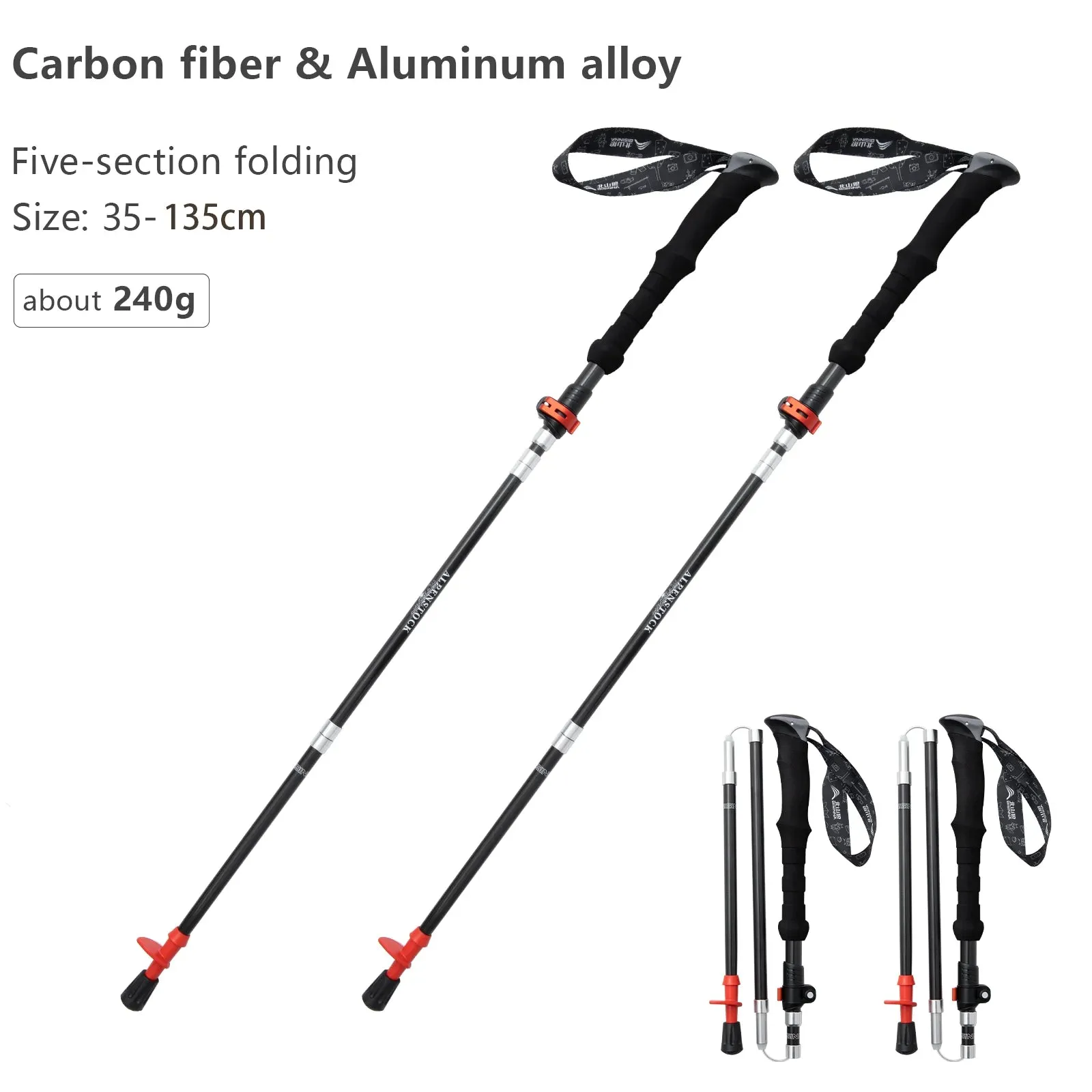 BISINNA 1pcs/2pcs Folding Trekking Poles Carbon Fiber Collapsible Telescopic Sticks Lightweight Walking Stick Hiking Climbing