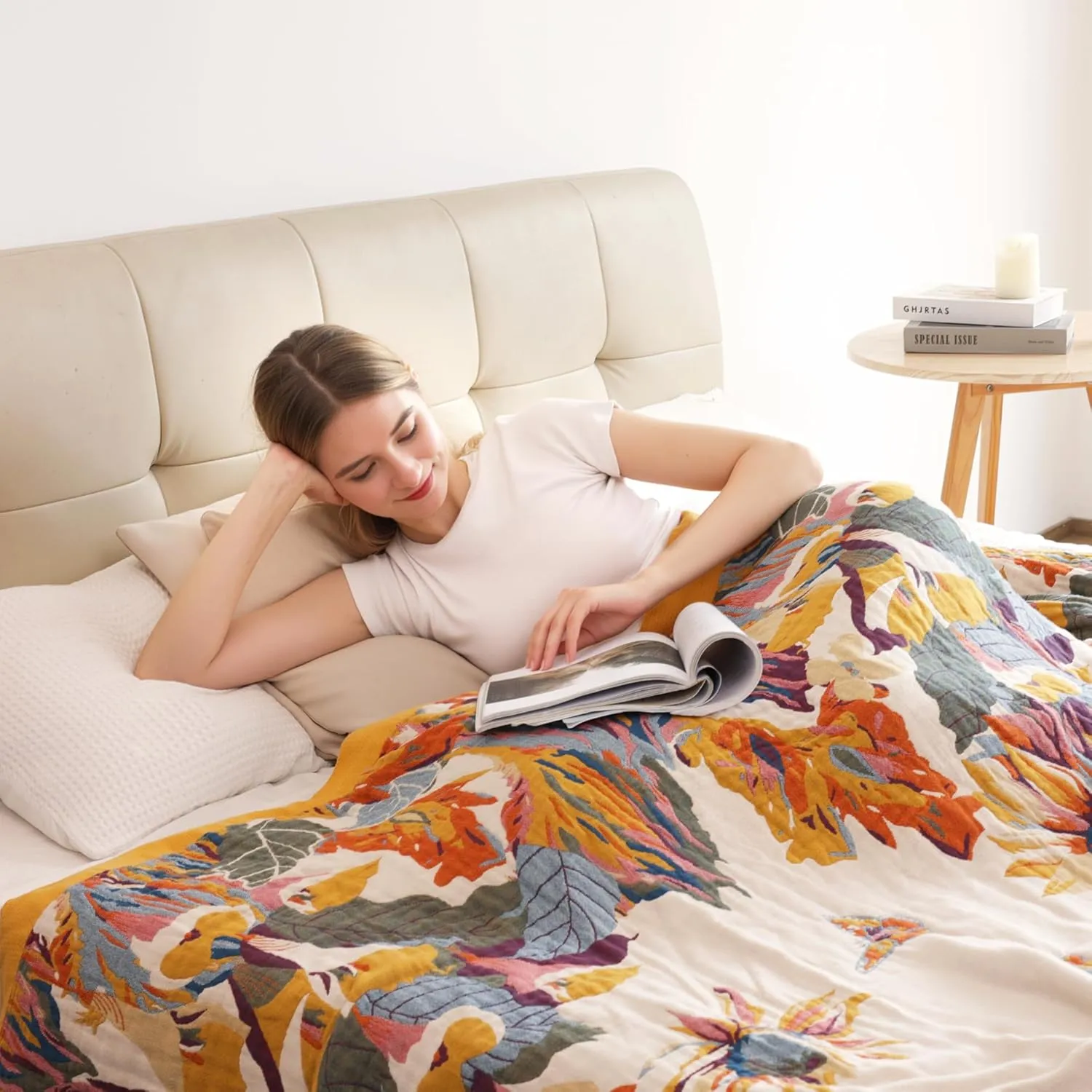 Boho Throw Blanket, 100% Organic Cotton Breathable Lightweight Ultra Soft Bed Quilt Throw - Summer Floral Bird Butterfly Farmhouse Decor Blanket for Sofa Couch Chair and Gift. 60" x 80"