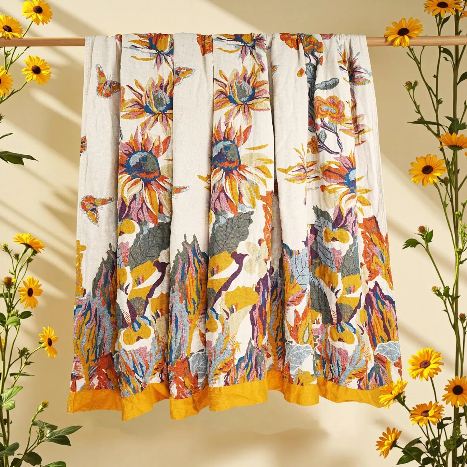 Boho Throw Blanket, 100% Organic Cotton Breathable Lightweight Ultra Soft Bed Quilt Throw - Summer Floral Bird Butterfly Farmhouse Decor Blanket for Sofa Couch Chair and Gift. 60" x 80"