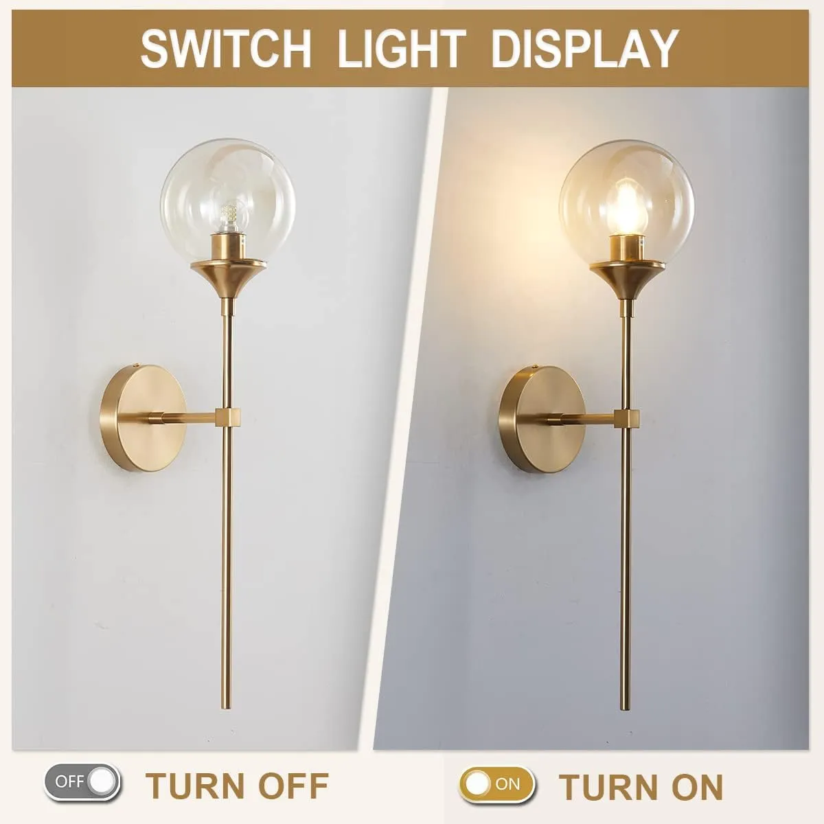 BOKT Mid Century Modern Gold Long Pole Wall Sconce Lighting Minimalist Amber Glass Globe Wall Sconce Light Vintage Bathroom Bar Wall Lamp Light Fixture (Amber)