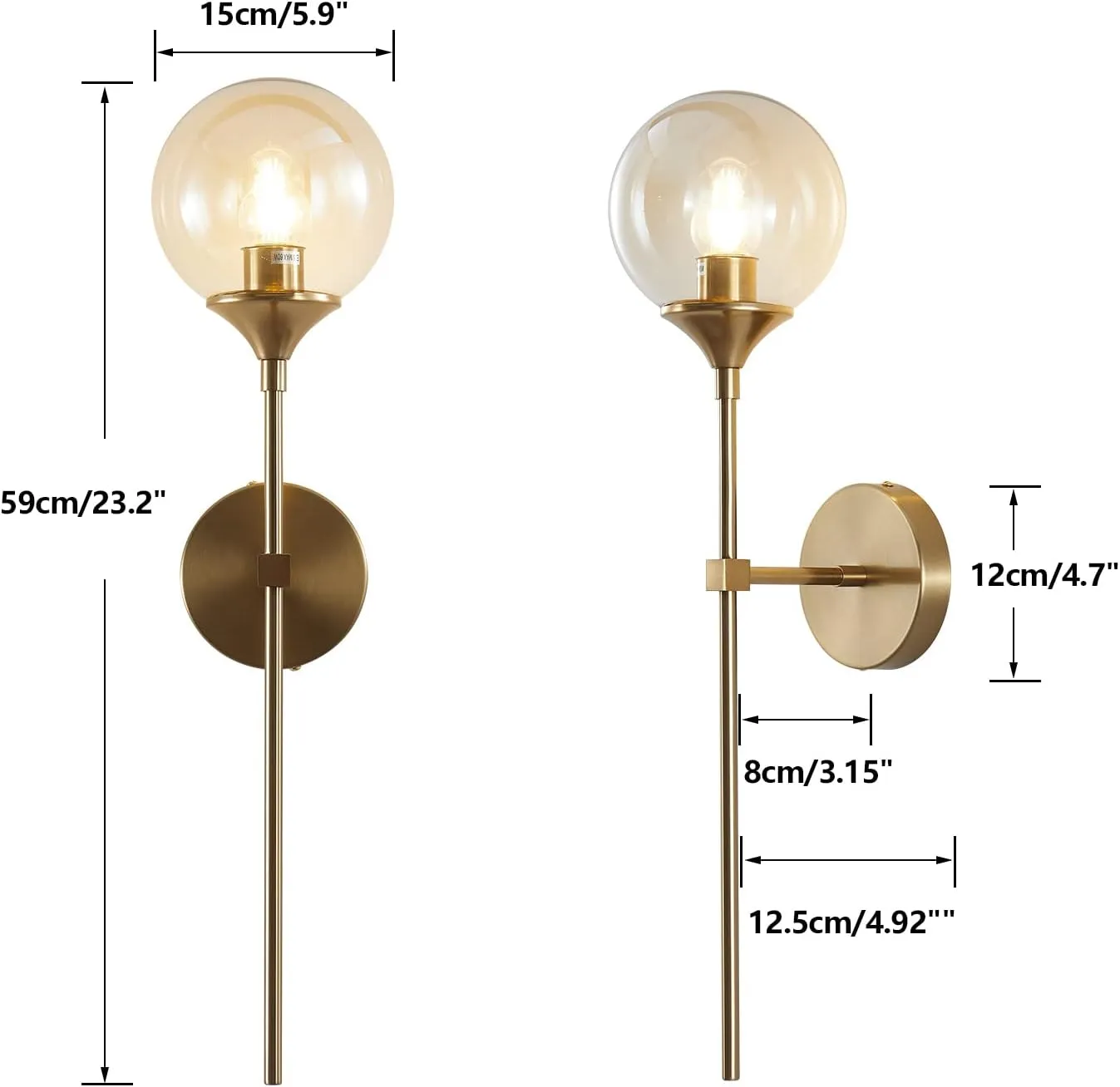 BOKT Mid Century Modern Gold Long Pole Wall Sconce Lighting Minimalist Amber Glass Globe Wall Sconce Light Vintage Bathroom Bar Wall Lamp Light Fixture (Amber)