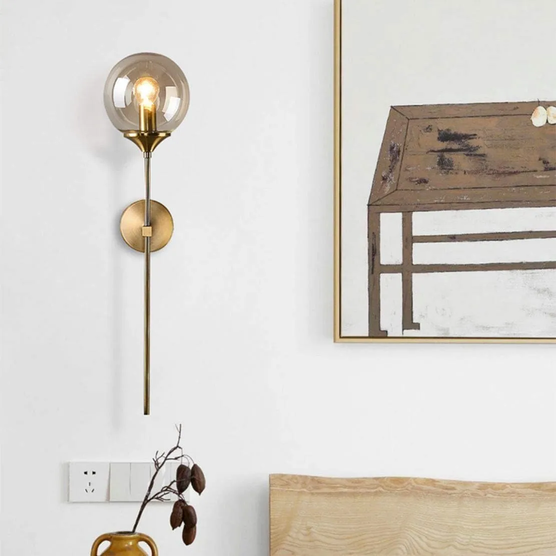 BOKT Mid Century Modern Gold Long Pole Wall Sconce Lighting Minimalist Amber Glass Globe Wall Sconce Light Vintage Bathroom Bar Wall Lamp Light Fixture (Amber)