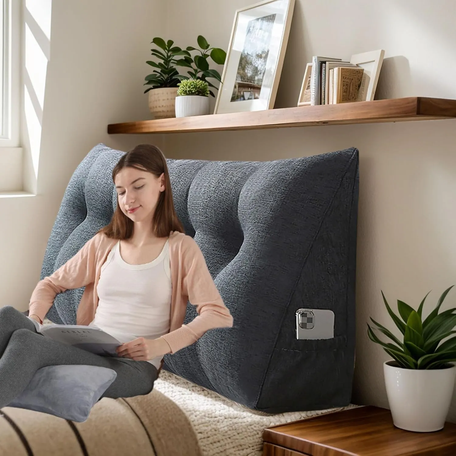 Bolster Headboard Pillow, Triangular Wedge Pillow Headboard Positioning Support While Reading And Resting, Reading Pillow for Sitting with Removable Cover,A-Twin