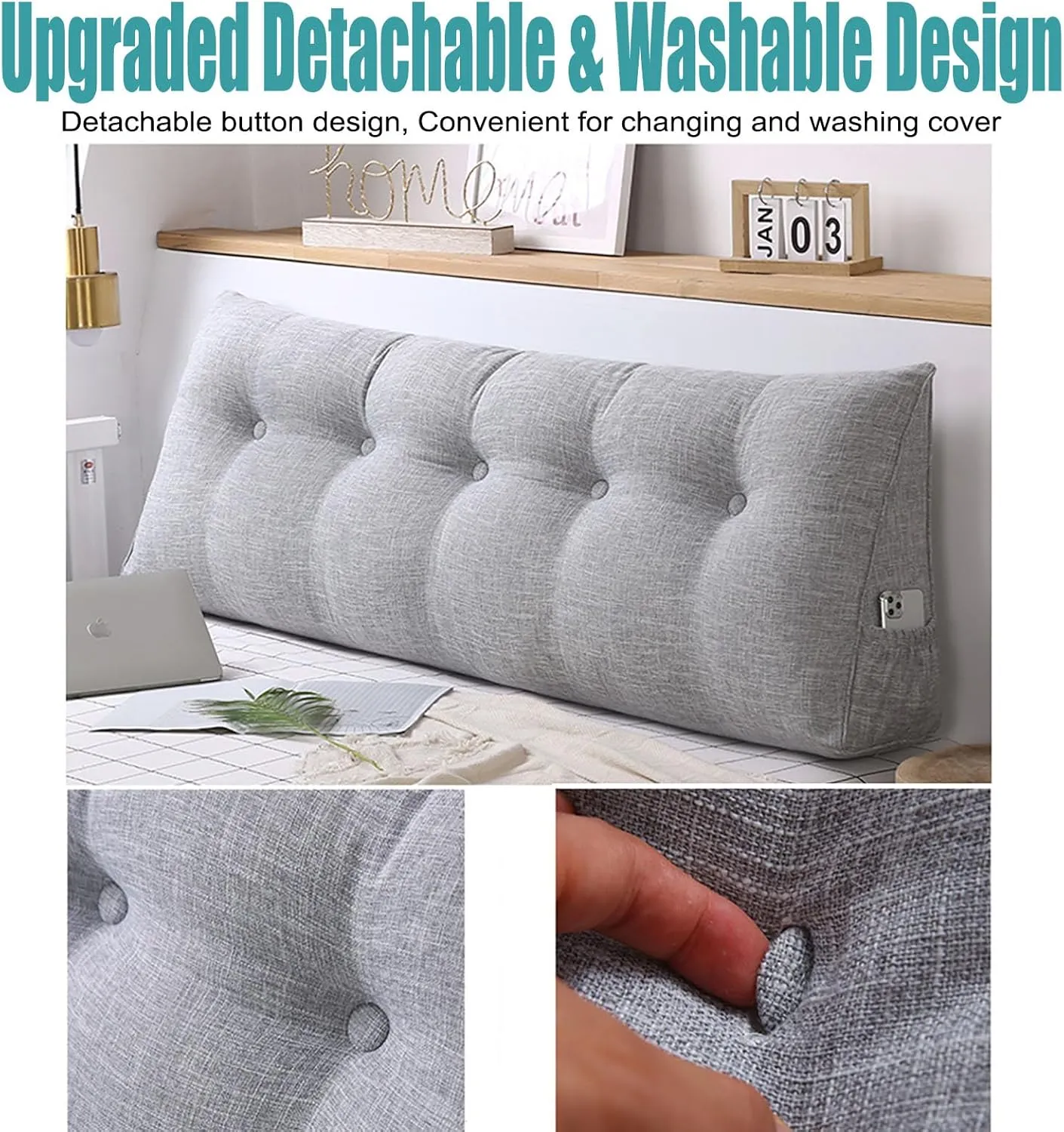 Bolster Headboard Pillow, Triangular Wedge Pillow Headboard Positioning Support While Reading And Resting, Reading Pillow for Sitting with Removable Cover,A-Twin