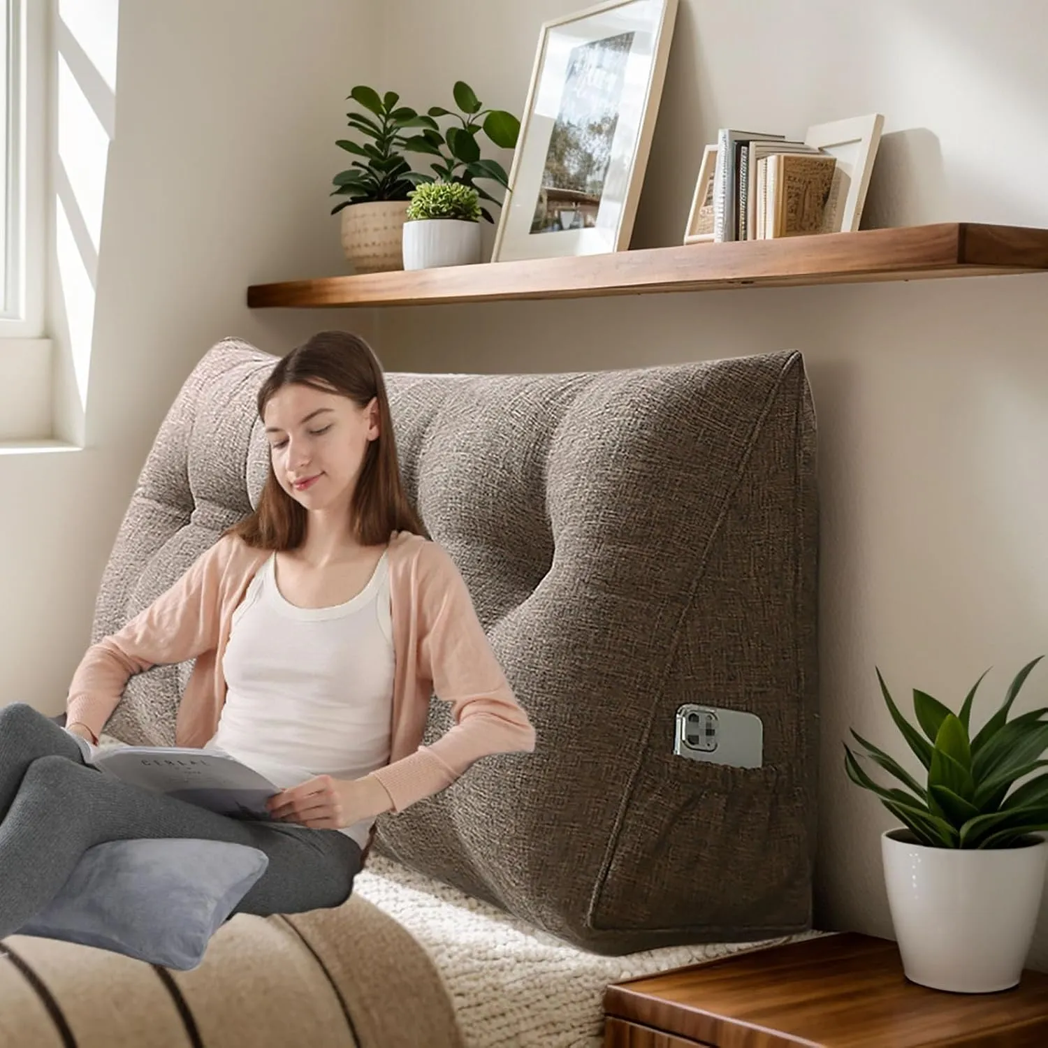 Bolster Headboard Pillow, Triangular Wedge Pillow Headboard Positioning Support While Reading And Resting, Reading Pillow for Sitting with Removable Cover,E-Twin