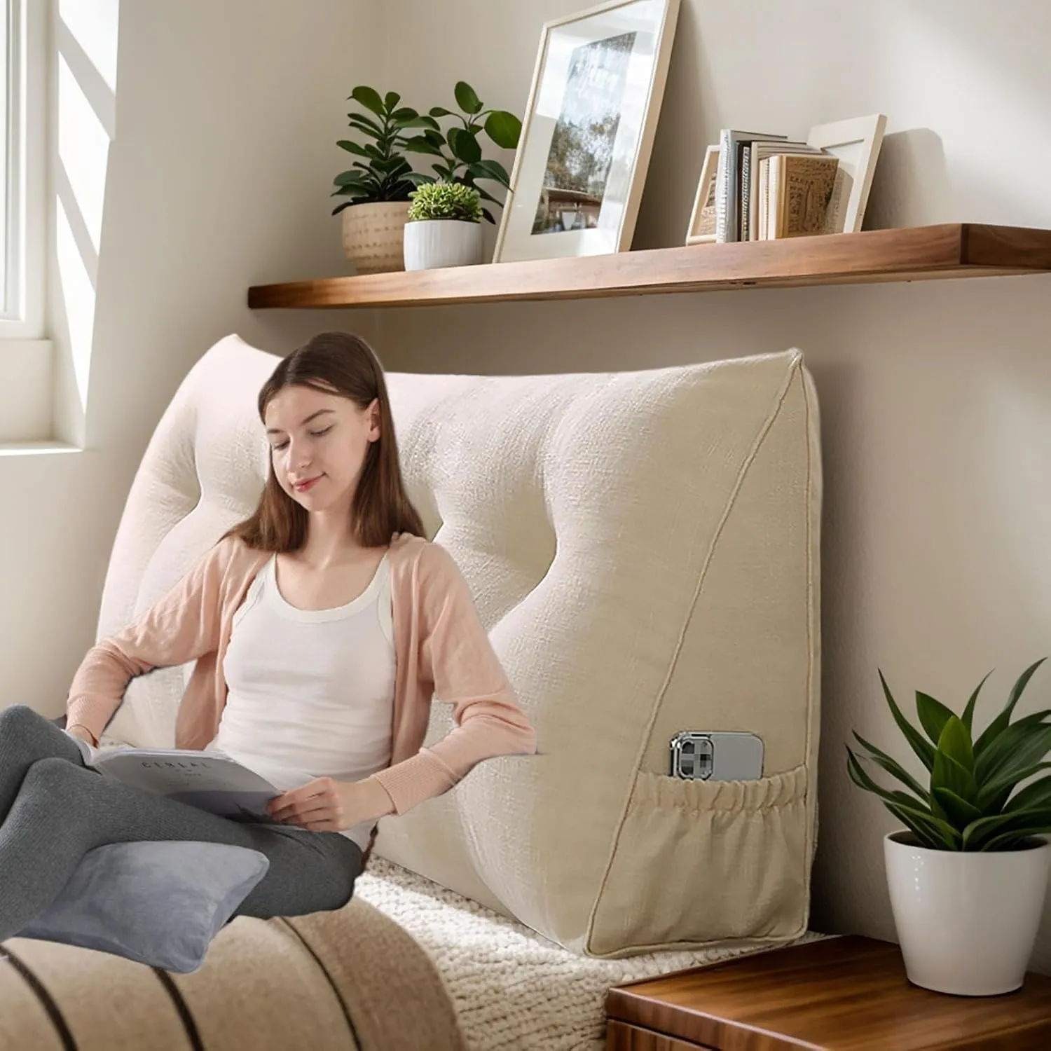 Bolster Headboard Pillow, Triangular Wedge Pillow Headboard Positioning Support While Reading And Resting, Reading Pillow for Sitting with Removable Cover,F-Twin