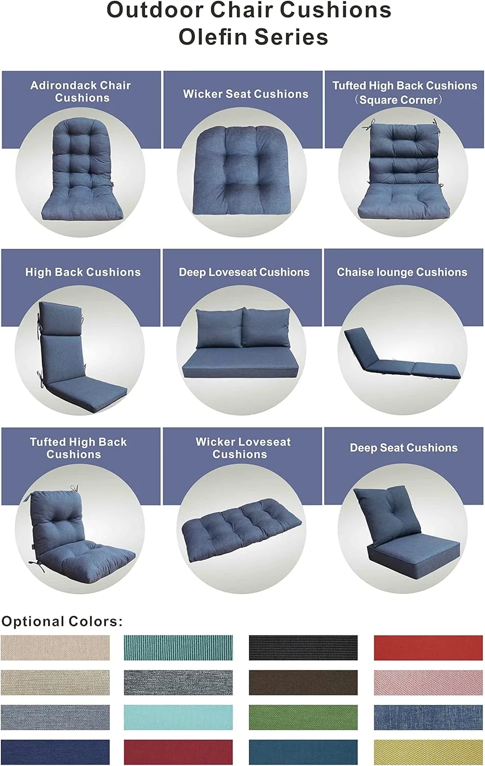 BOSSIMA Outdoor Indoor High Back Chair Tufted Cushions Comfort Replacement Patio Seating Cushions Denim Blue