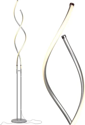 Brightech Embrace Dimmable LED Floor Lamp – Modern Spiral Adjustable Standing Lamp for Living Rooms & Offices – 2-in-1 Tall End Table Lamp for Bedroom Reading - Silver