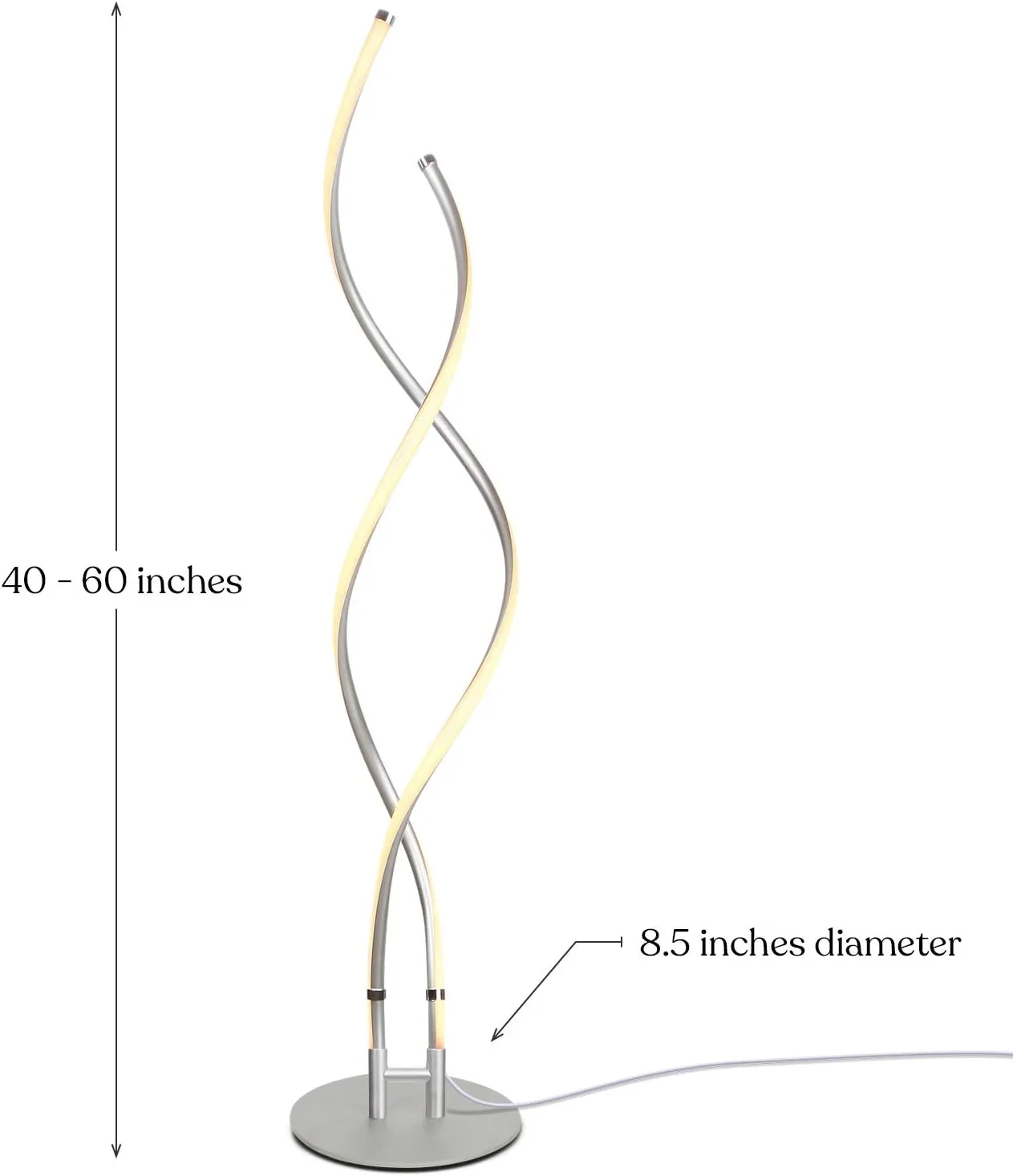 Brightech Embrace Dimmable LED Floor Lamp – Modern Spiral Adjustable Standing Lamp for Living Rooms & Offices – 2-in-1 Tall End Table Lamp for Bedroom Reading - Silver