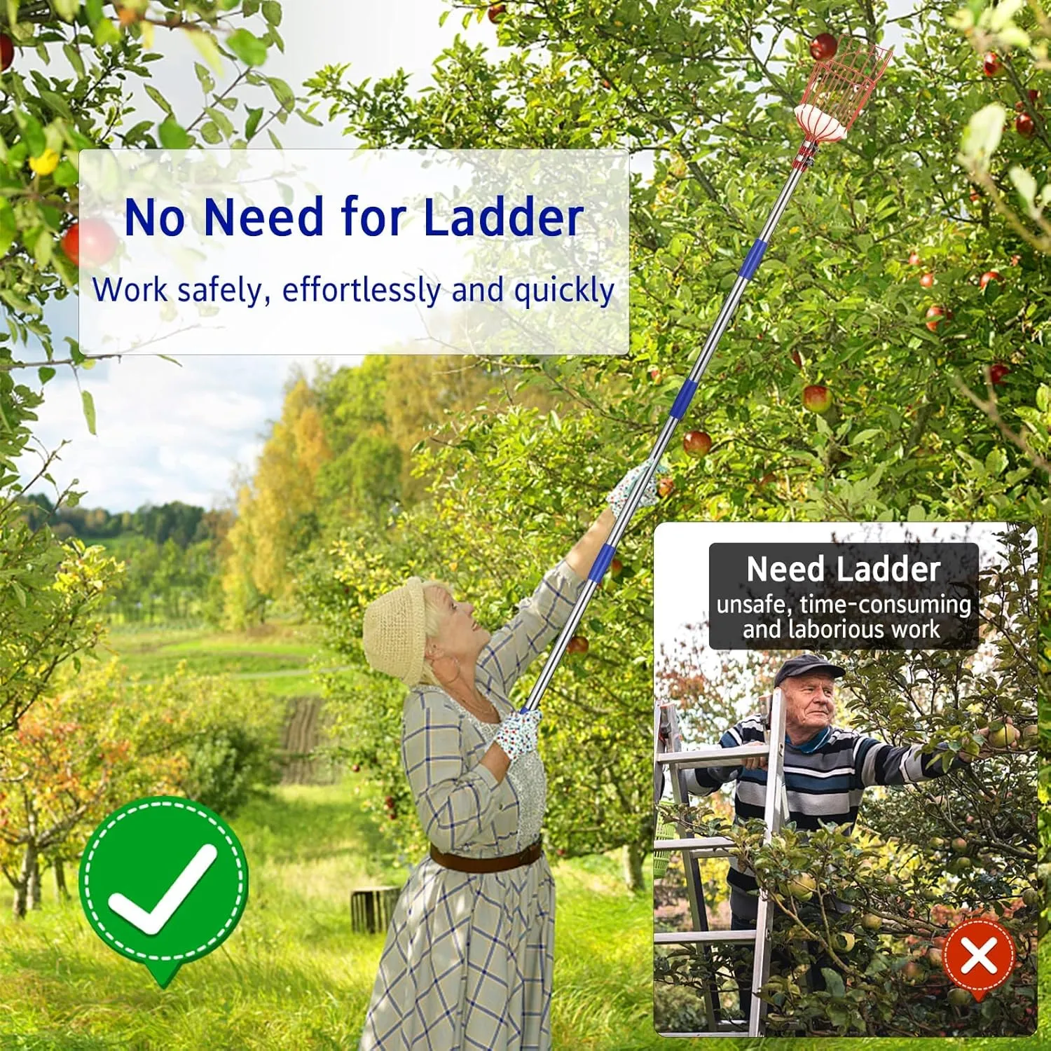 BsBsBest Fruit Picker Pole with Basket, Telescoping Fruit Picker Tool with Long Handle, 35-65 Inch Adjustable Apple Avocado Orange Picker, Stainless Steel Fruits Catcher Tree Picker