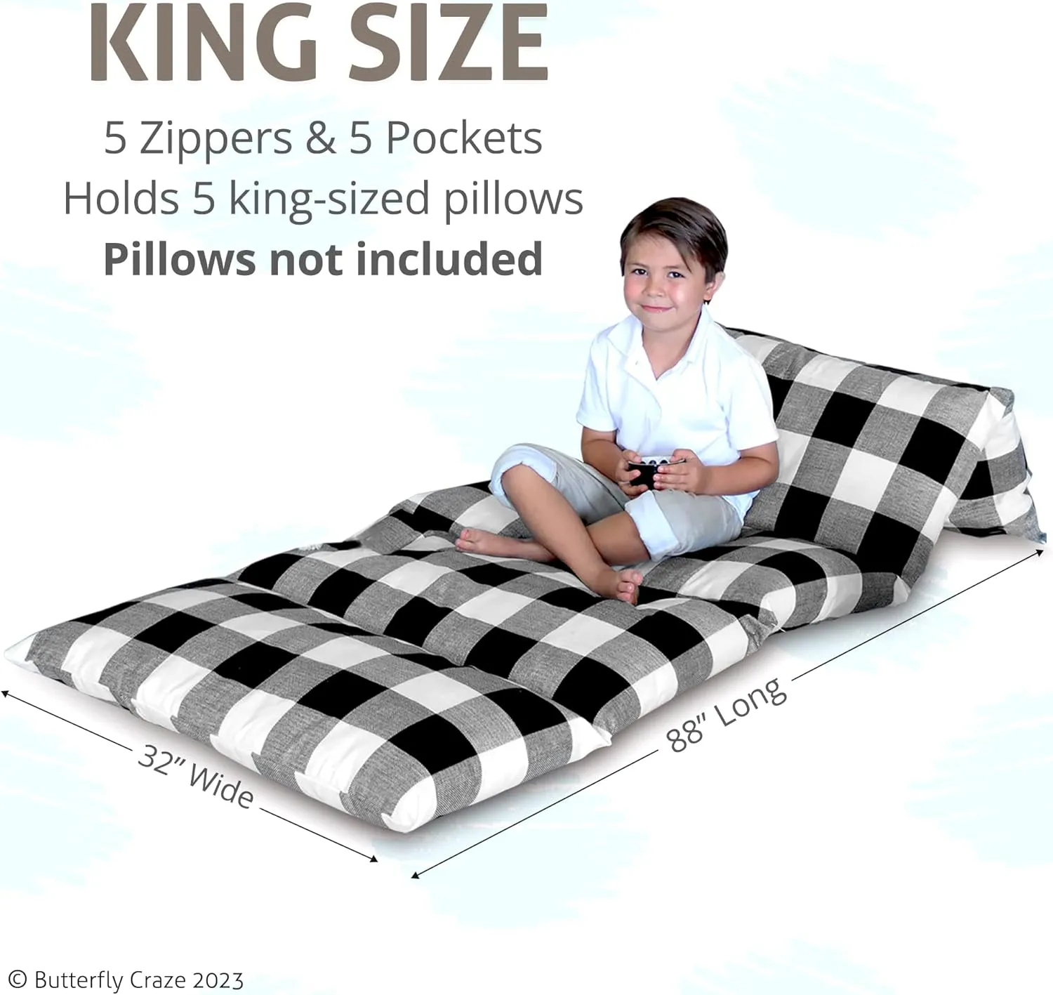 Butterfly Craze Floor Pillow Case, Mattress Bed Lounger Cover, Black/White, King Size - Cozy Seating Solution for Kids & Adults, Recliner Cushion, Perfect for Reading, TV Time (Pillow Not Included)