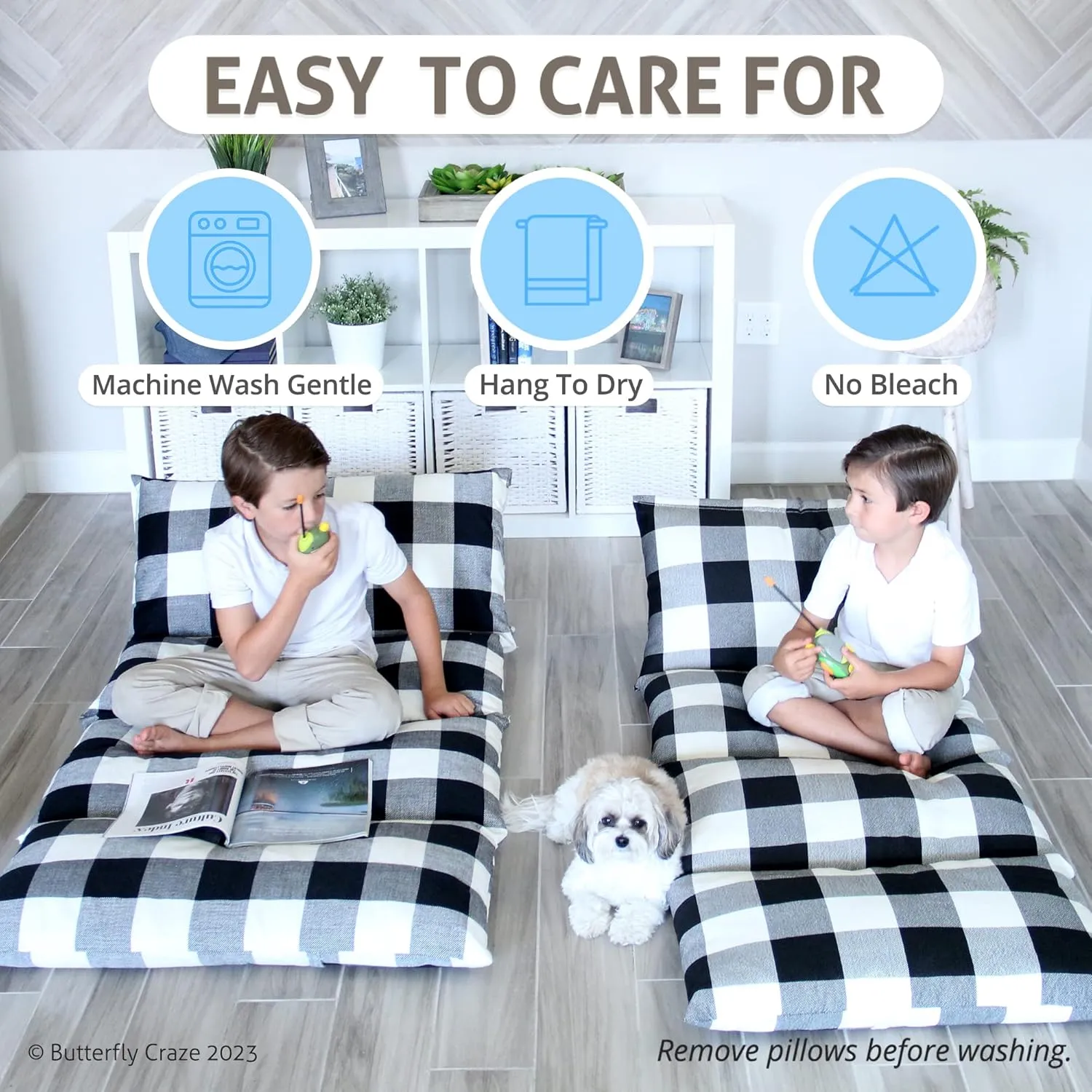 Butterfly Craze Floor Pillow Case, Mattress Bed Lounger Cover, Black/White, King Size - Cozy Seating Solution for Kids & Adults, Recliner Cushion, Perfect for Reading, TV Time (Pillow Not Included)