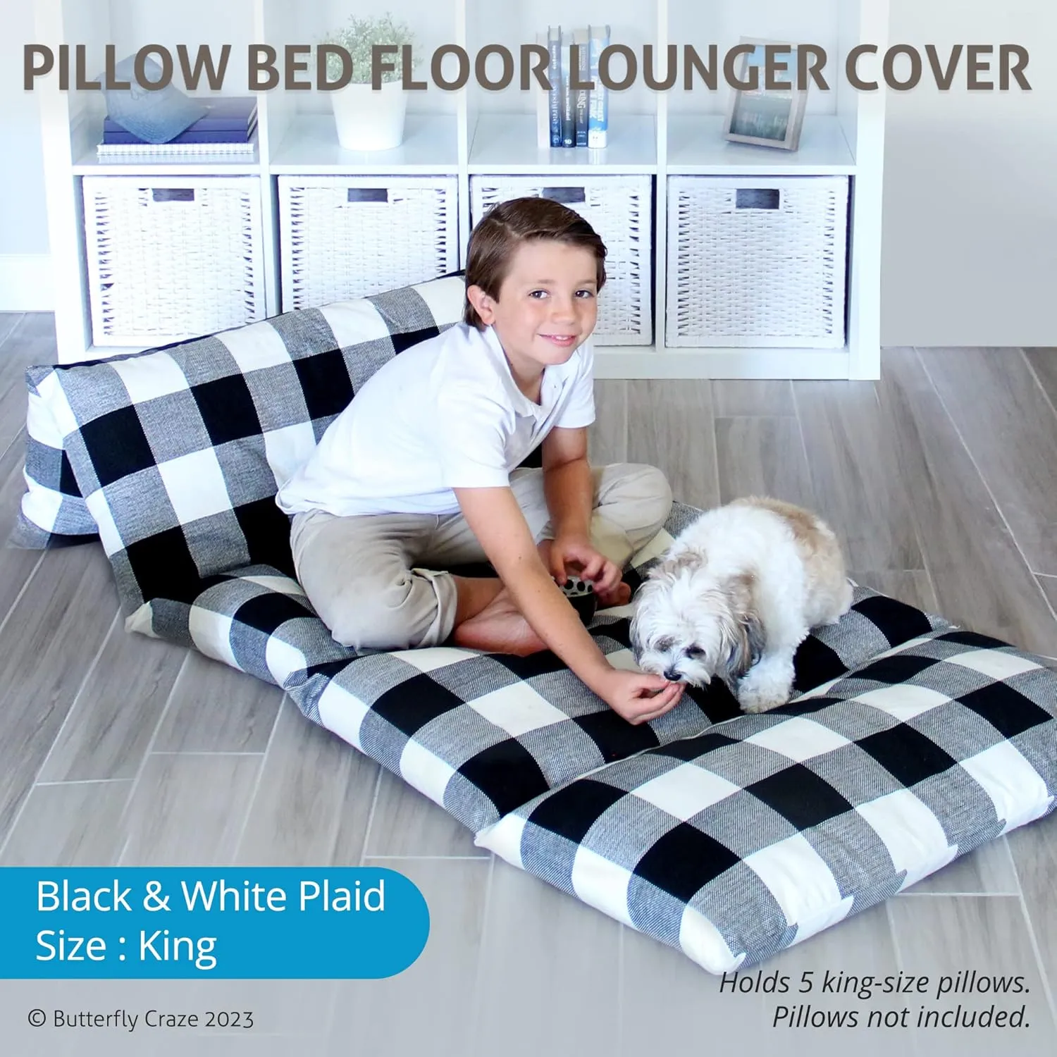 Butterfly Craze Floor Pillow Case, Mattress Bed Lounger Cover, Black/White, King Size - Cozy Seating Solution for Kids & Adults, Recliner Cushion, Perfect for Reading, TV Time (Pillow Not Included)
