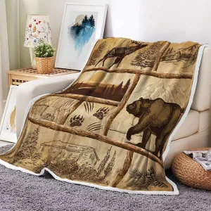 Cabin Throw Blankets, Rustic Country Antique Bear Moose Forest Vintage Wood Cozy Warm Bed Couch Blanket, Farmfouse Loge Hunting Camping Beige Fleece Flannel Throws to Decorate The Room and Bedroom