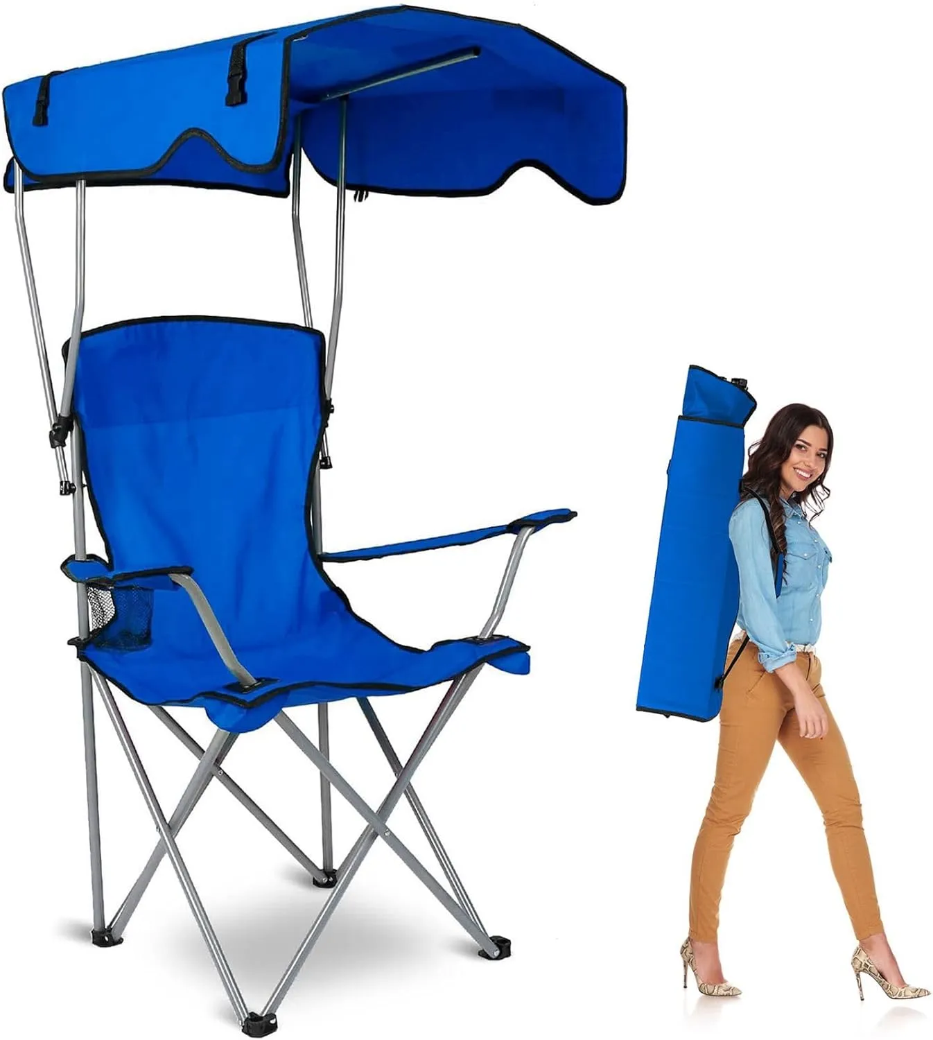 Camp Chair with Shade Canopy, Heavy Duty Max Shade Folding Camping Lawn Chair with Cup Holder, UPF 50  Sun Protection Portable Beach Lounge Chair for Outdoor Sports Support 350 LBS(Blue)