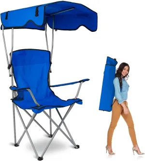 Camp Chair with Shade Canopy, Heavy Duty Max Shade Folding Camping Lawn Chair with Cup Holder, UPF 50  Sun Protection Portable Beach Lounge Chair for Outdoor Sports Support 350 LBS(Blue)