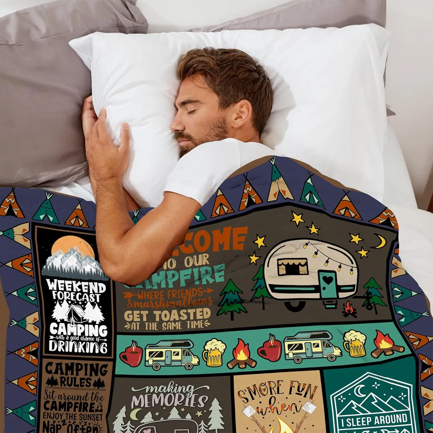 Camping Blanket Camping Lovers Gift Ideas for Men or Woman, Super Soft Throws Flannel Fleece Blankets Gifts for Camper Outdoor, Campsite Outdoors RV Travel Hiking Bed Sofa Couch 60"x50"