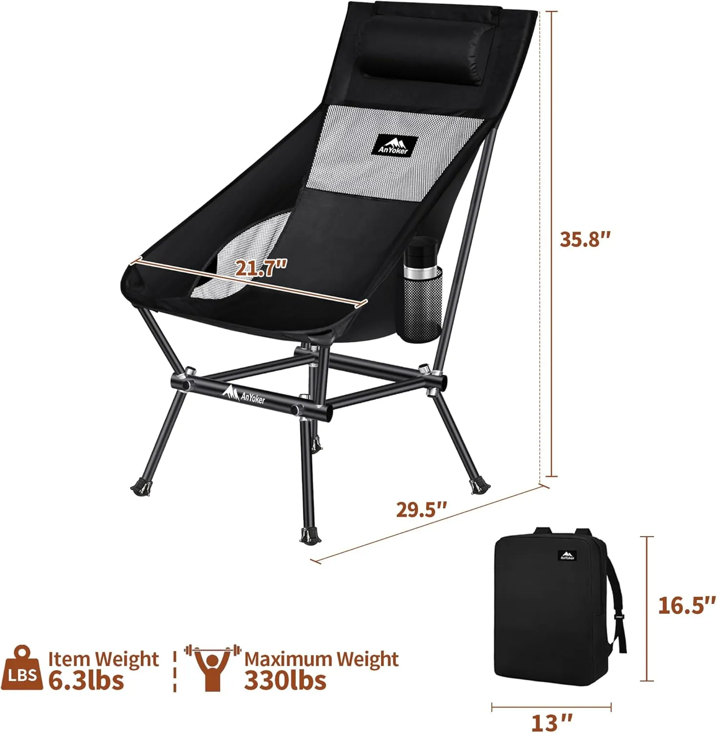 Camping Chair, Compact Backpacking Chair, Portable Folding Chair, Beach Chair with Side Pocket and headrest, Lightweight Hiking Chair 166ZZ-A