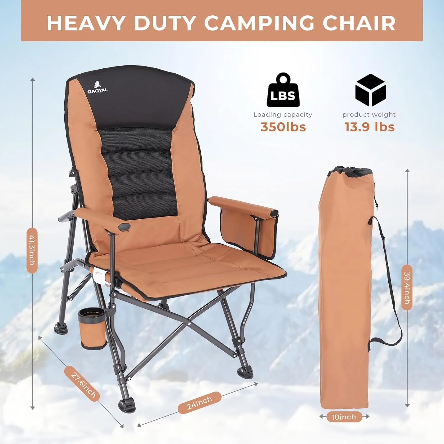 Camping Chairs for Adults, Adjustable Backrest Heavy Duty Oversized Folding Chair Supports 350lbs for Outside with Cup Holder&Side Pocket, Outdoor Folding Camp Chair Beach Chair with High Back (Brown)