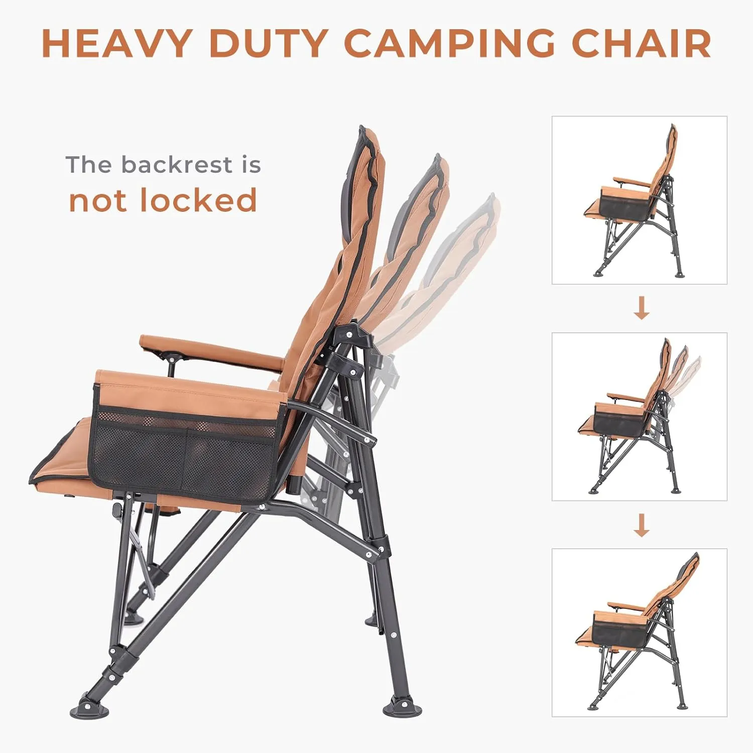 Camping Chairs for Adults, Adjustable Backrest Heavy Duty Oversized Folding Chair Supports 350lbs for Outside with Cup Holder&Side Pocket, Outdoor Folding Camp Chair Beach Chair with High Back (Brown)