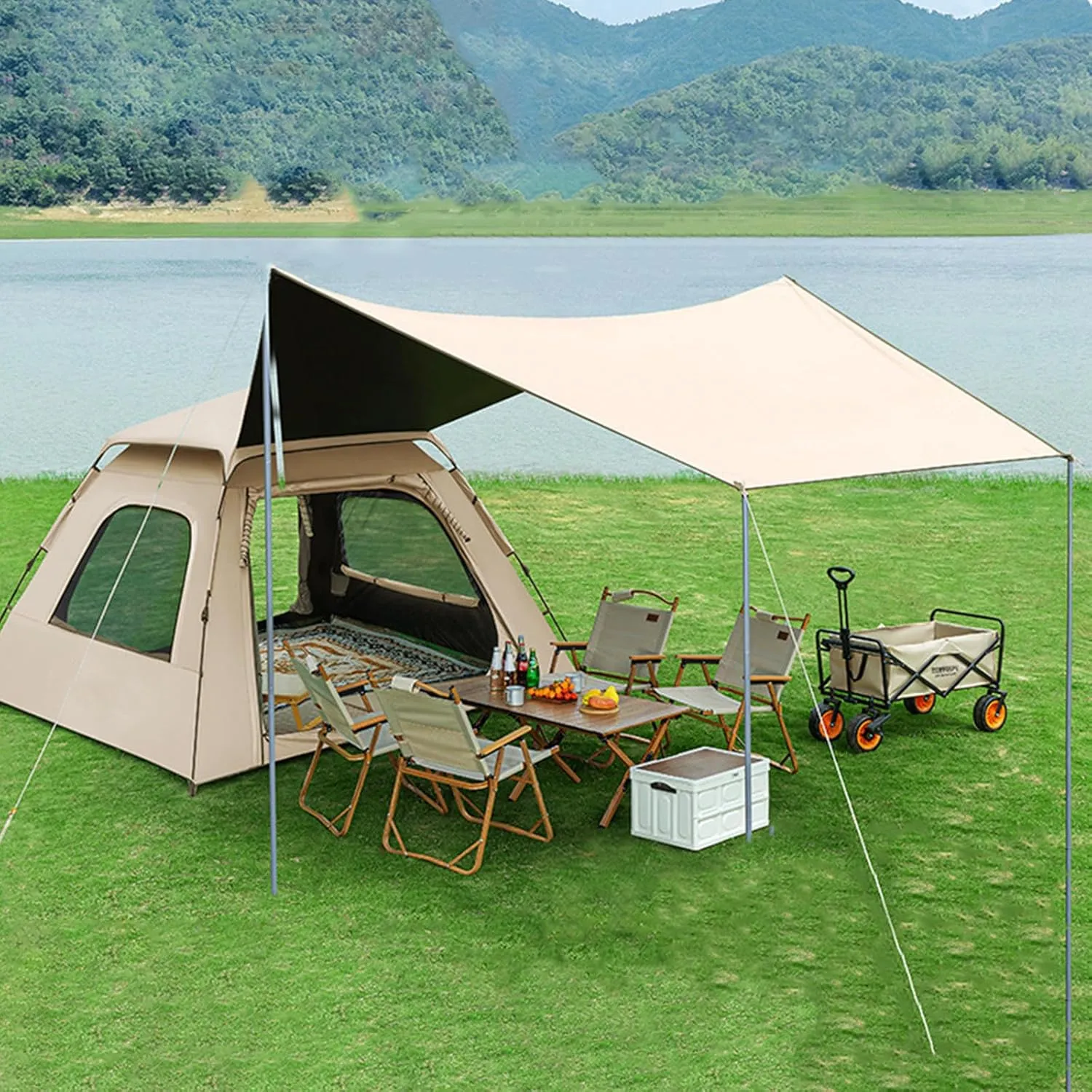 Camping Tent 4 5 6 7 8 Person, Pop Up Tent with Canopy & Picnic Mat(200x200cm), Portable Camping Tent for Family Backpacking Hiking Mountaineering Weekend Trips,6 Person