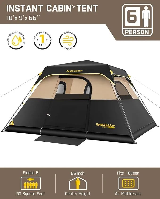 Camping Tent 4/6/8/10 Person Instant Cabin Tent Setup in 60s with Rainfly & Windproof Portable Tent with Carry Bag for Family Camping & Hiking, Upgraded Ventilation