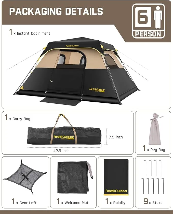 Camping Tent 4/6/8/10 Person Instant Cabin Tent Setup in 60s with Rainfly & Windproof Portable Tent with Carry Bag for Family Camping & Hiking, Upgraded Ventilation