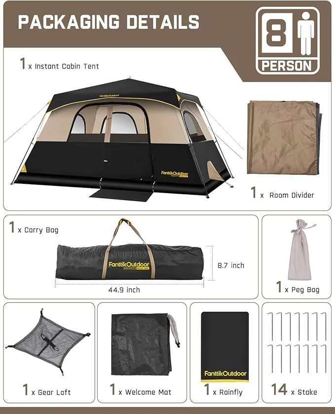 Camping Tent 4/6/8/10 Person Instant Cabin Tent Setup in 60s with Rainfly & Windproof Portable Tent with Carry Bag for Family Camping & Hiking, Upgraded Ventilation