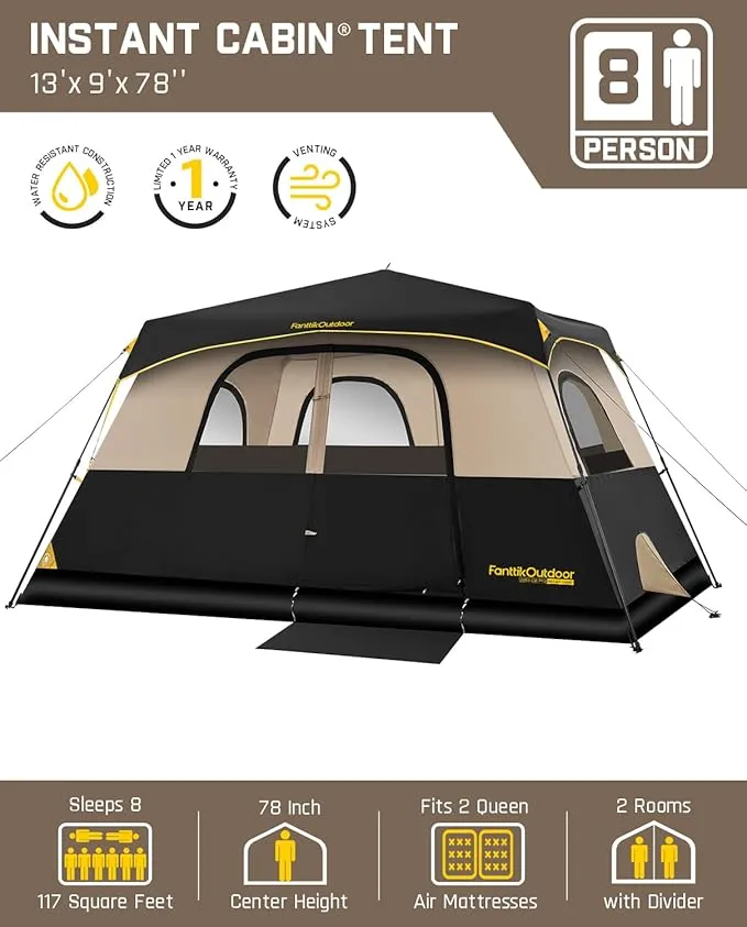 Camping Tent 4/6/8/10 Person Instant Cabin Tent Setup in 60s with Rainfly & Windproof Portable Tent with Carry Bag for Family Camping & Hiking, Upgraded Ventilation