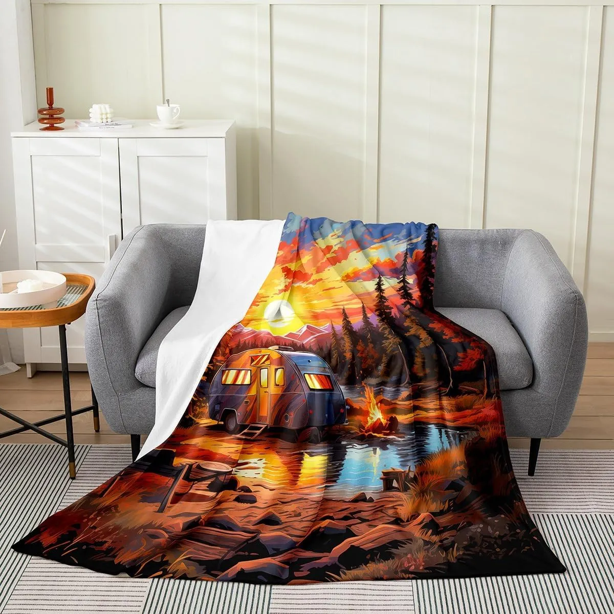 Camping Time Throw Flannel Blanket,Tourism Trailer RV Campfire Fleece Throw Blanket for Home Decor Sofa Couch,Nature Sunset Nature Pine Trees Lakeside Fleece Blanket,40"x50"