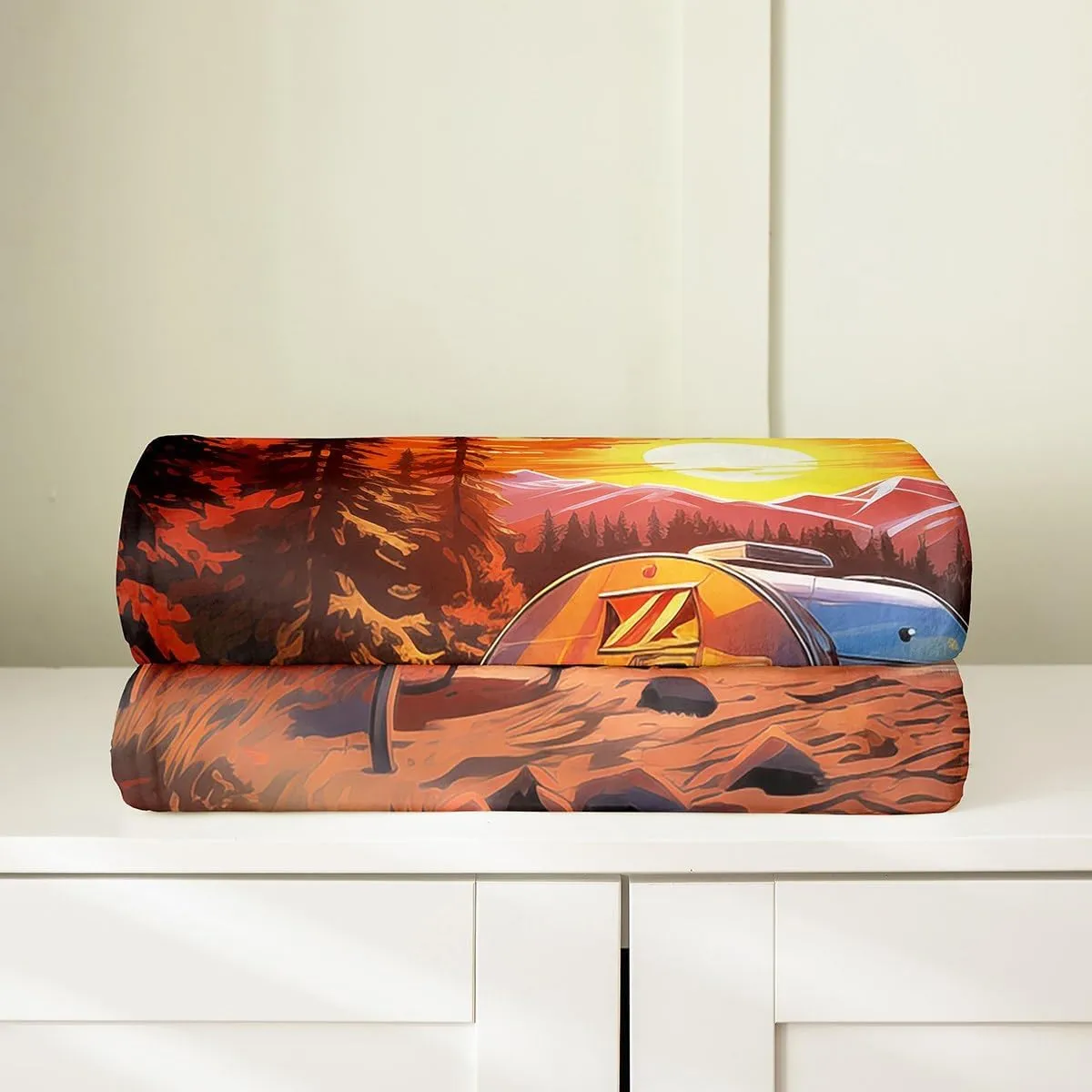 Camping Time Throw Flannel Blanket,Tourism Trailer RV Campfire Fleece Throw Blanket for Home Decor Sofa Couch,Nature Sunset Nature Pine Trees Lakeside Fleece Blanket,40"x50"