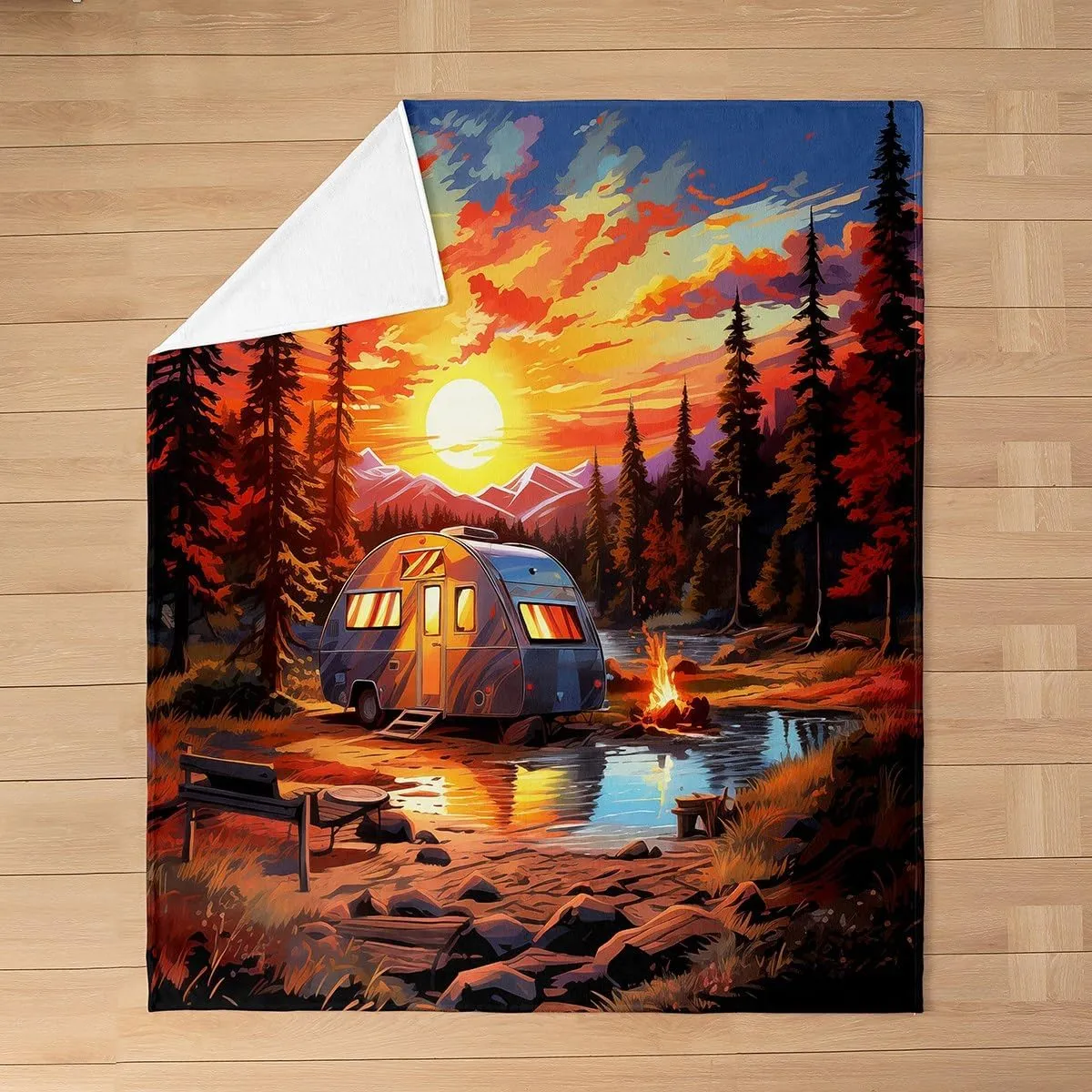 Camping Time Throw Flannel Blanket,Tourism Trailer RV Campfire Fleece Throw Blanket for Home Decor Sofa Couch,Nature Sunset Nature Pine Trees Lakeside Fleece Blanket,40"x50"