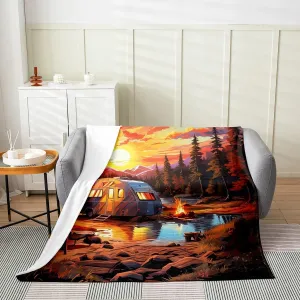 Camping Time Throw Flannel Blanket,Tourism Trailer RV Campfire Fleece Throw Blanket for Home Decor Sofa Couch,Nature Sunset Nature Pine Trees Lakeside Fleece Blanket,40"x50"