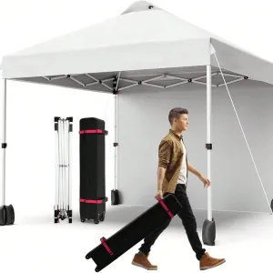 Canopy Tent 10'x10' Instant Pop Up Canopy Patio Tent - Commercial Portable Gazebo w/Removable Sidewall, Silver Coating & Wheeled Bag | Sun & Rain Protection | Adjustable Height (White).