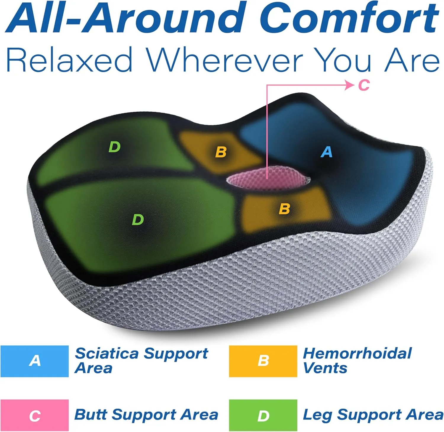 Car Seat Cushion, Ergonomic Memory Foam Car Cushion for Sciatica Pain Relief, Larger Driving Seat Cushion for Short Drivers on Long Drives - Butt Cushion For Car-Truck, Office - Black&Gray