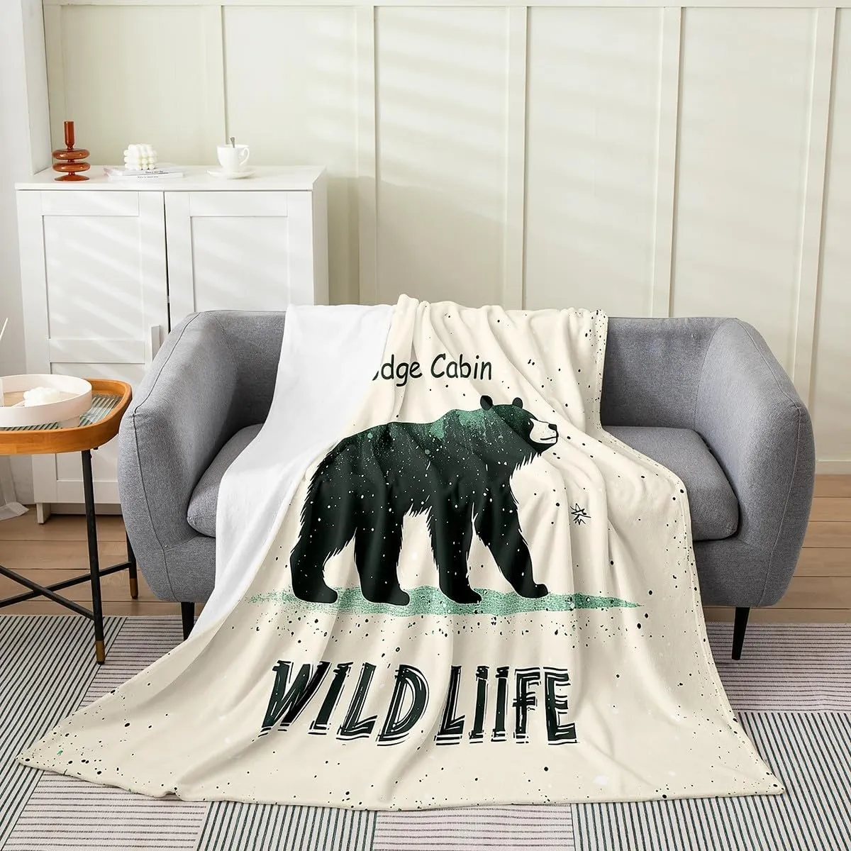 Cartoon Bear Throw Blanket Throw 50x60 Cute Black Green Graffiti Wild Animal Flannel Blanket for Kids Boys Girls Teens Lodge Cabin Jungle Farmhouse Style Fleece Blanket for Bedroom