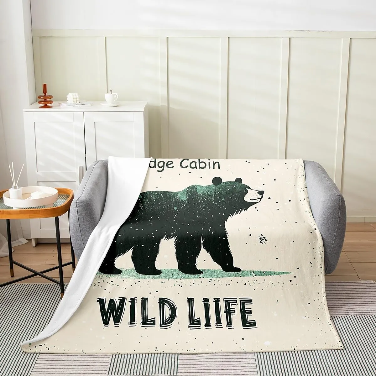 Cartoon Bear Throw Blanket Throw 50x60 Cute Black Green Graffiti Wild Animal Flannel Blanket for Kids Boys Girls Teens Lodge Cabin Jungle Farmhouse Style Fleece Blanket for Bedroom