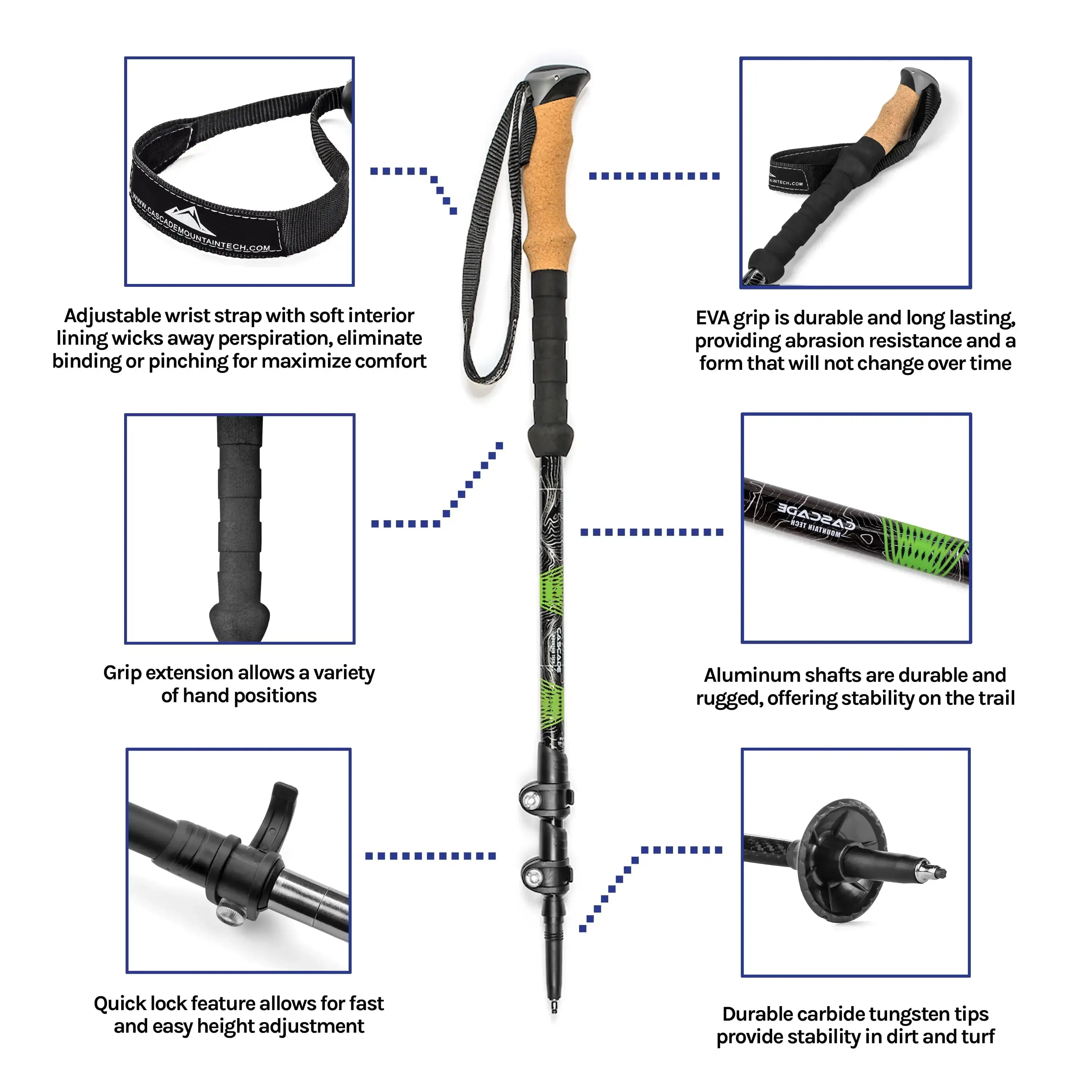 Cascade Mountain Tech Quick Lock Aluminum Trekking Poles with Cork Grip Green