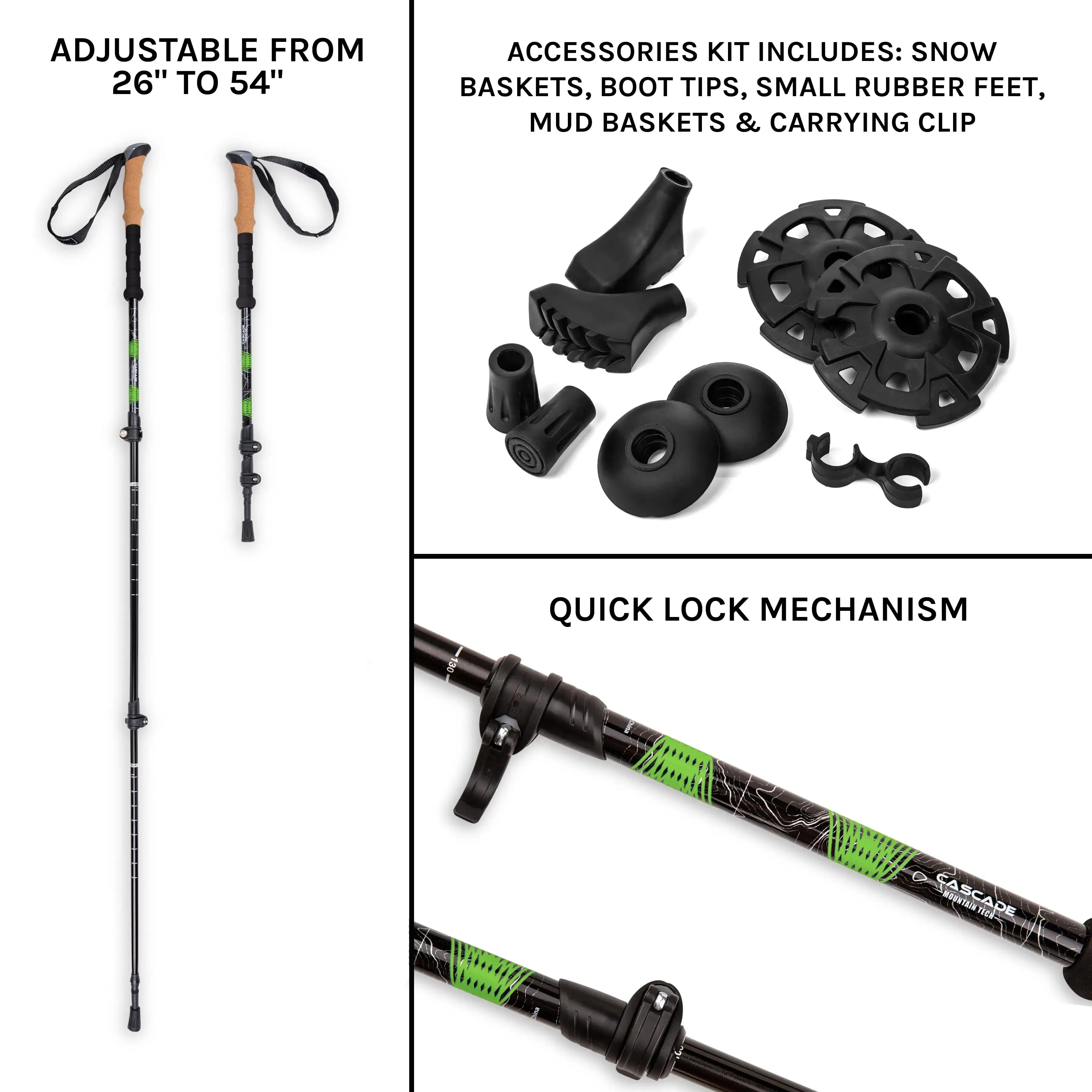 Cascade Mountain Tech Quick Lock Aluminum Trekking Poles with Cork Grip Green