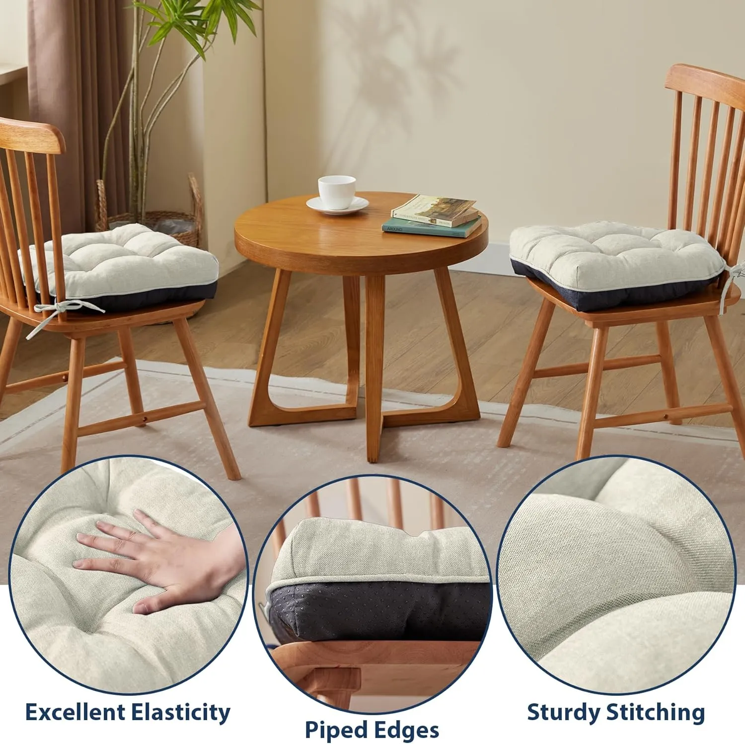 Chair Cushions for Dining Chairs, Seat Cushions for Kitchen Chairs, Indoor Seat Cushions with Ties, Tufted Foam Chair Pads, Non Slip Chair Cushions Set of 4, 15.5" x 15.5" x 4", Beige