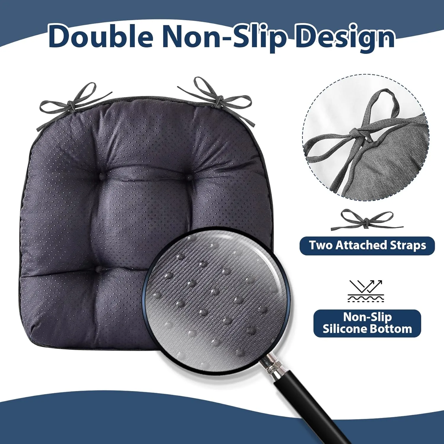 Chair Cushions for Dining Chairs, Seat Cushions for Kitchen Chairs, Indoor Seat Cushions with Ties, Tufted Foam Chair Pads, Non Slip Chair Cushions Set of 4, 15.5" x 15.5" x 4", Dark Grey