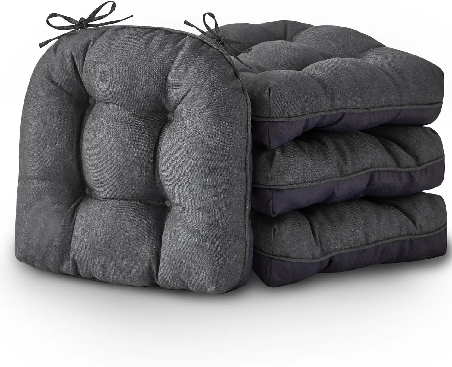 Chair Cushions for Dining Chairs, Seat Cushions for Kitchen Chairs, Indoor Seat Cushions with Ties, Tufted Foam Chair Pads, Non Slip Chair Cushions Set of 4, 15.5" x 15.5" x 4", Dark Grey